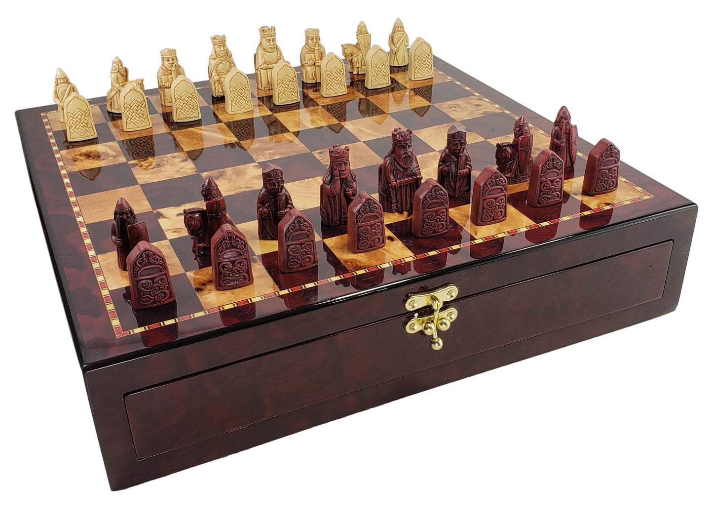 Antique White & Red Mini Isle of Lewis CHESS SET W 17" Cherry Color Storage