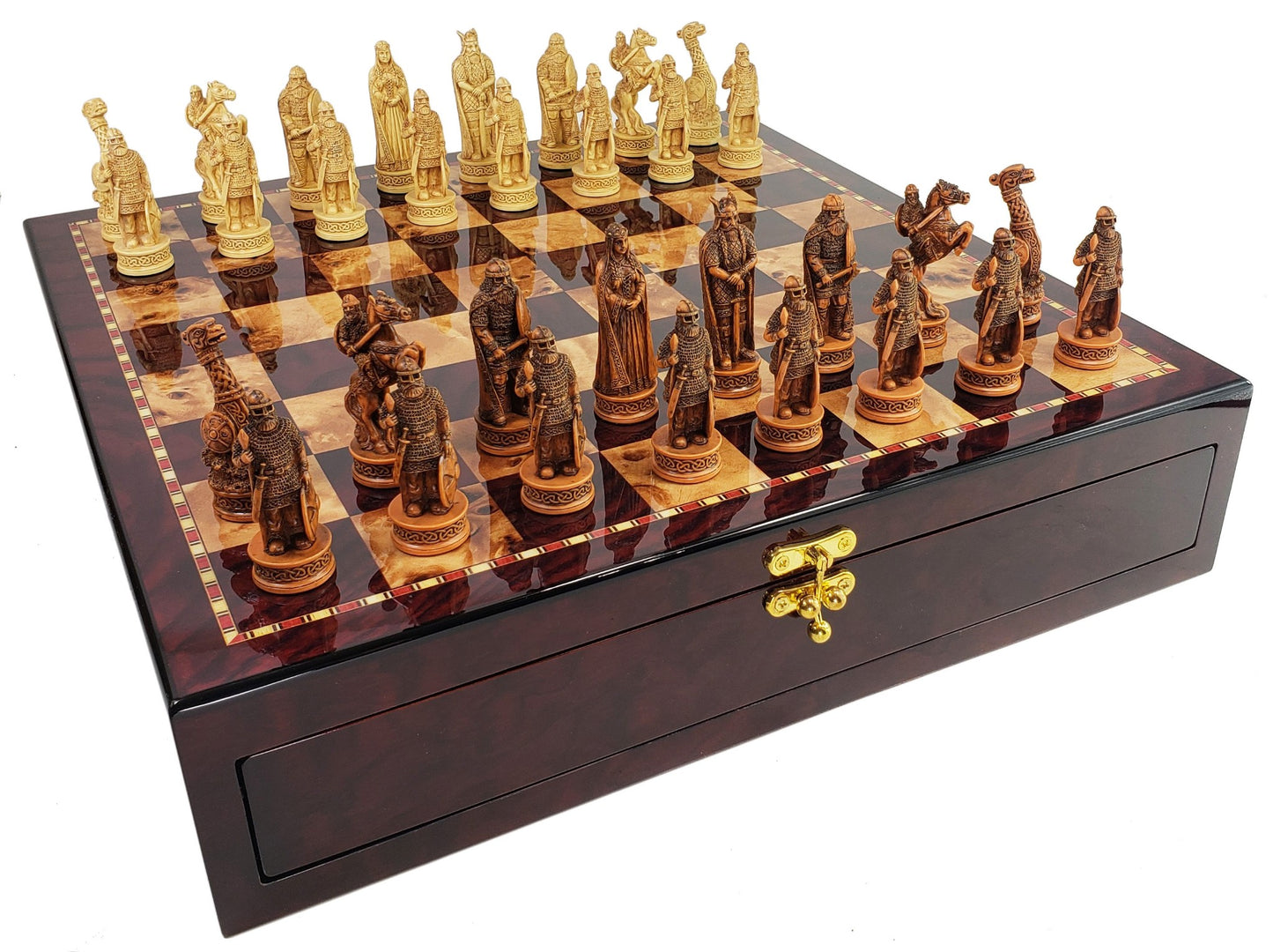 Antique White & Brown Norse Viking CHESS SET with 17" Cherry Color Storage Bd