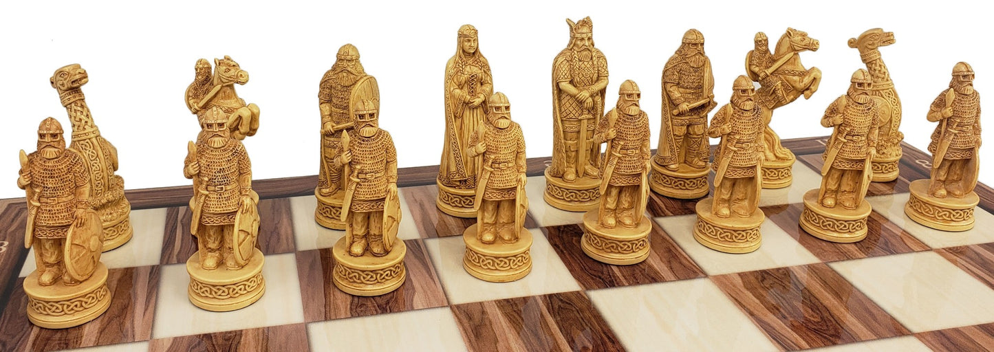 Antique White & Brown Norse Viking Chess Set 3 1/4 King 17" Cedar Color Board
