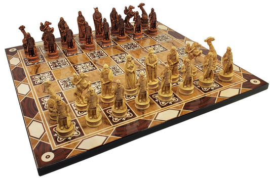 Antique White & Brown Norse Viking Chess Set 3 1/4 King 17" Burlwood Color Board
