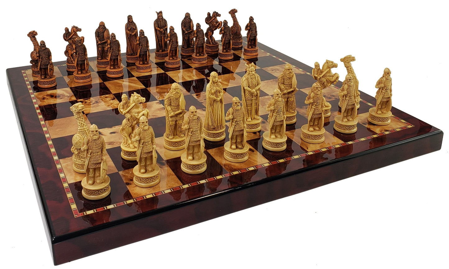 Antique White & Brown Norse Viking CHESS SET with 18" Cherry Color Board
