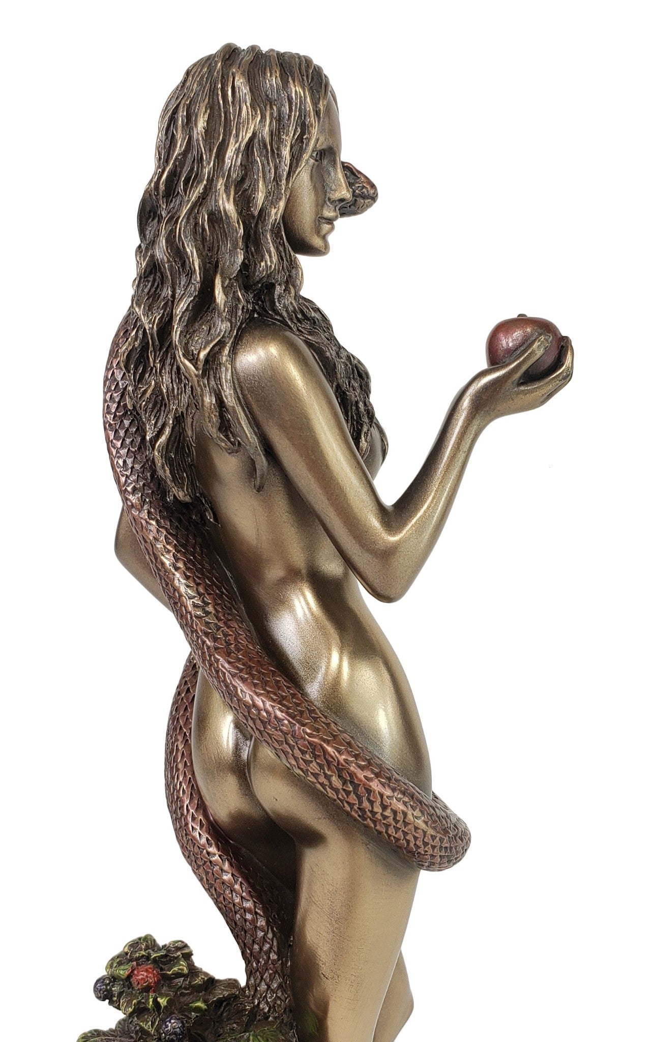 9.5" Eve Serpent Holding Apple Standing Garden of Eden Nude Statue Bronze Finish