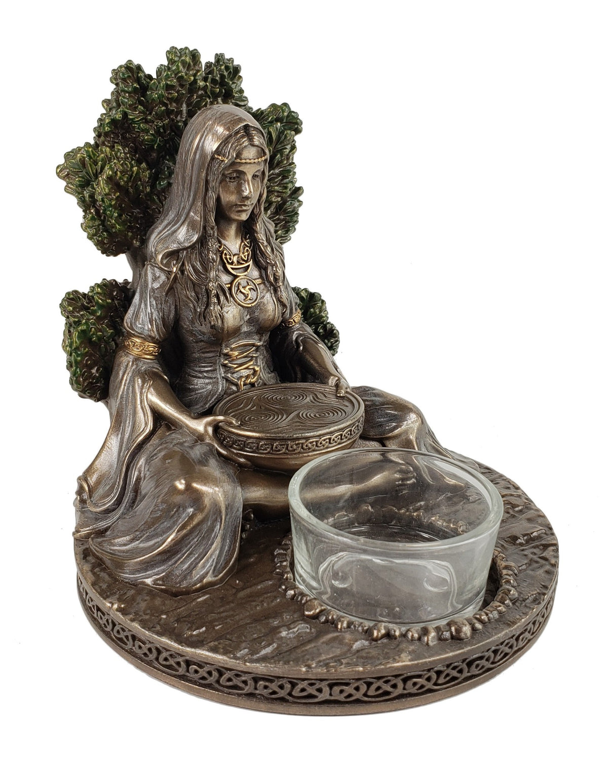 5" Celtic Mother Goddess Danu Sitting Votive Candle Holder Statue Bronze Color