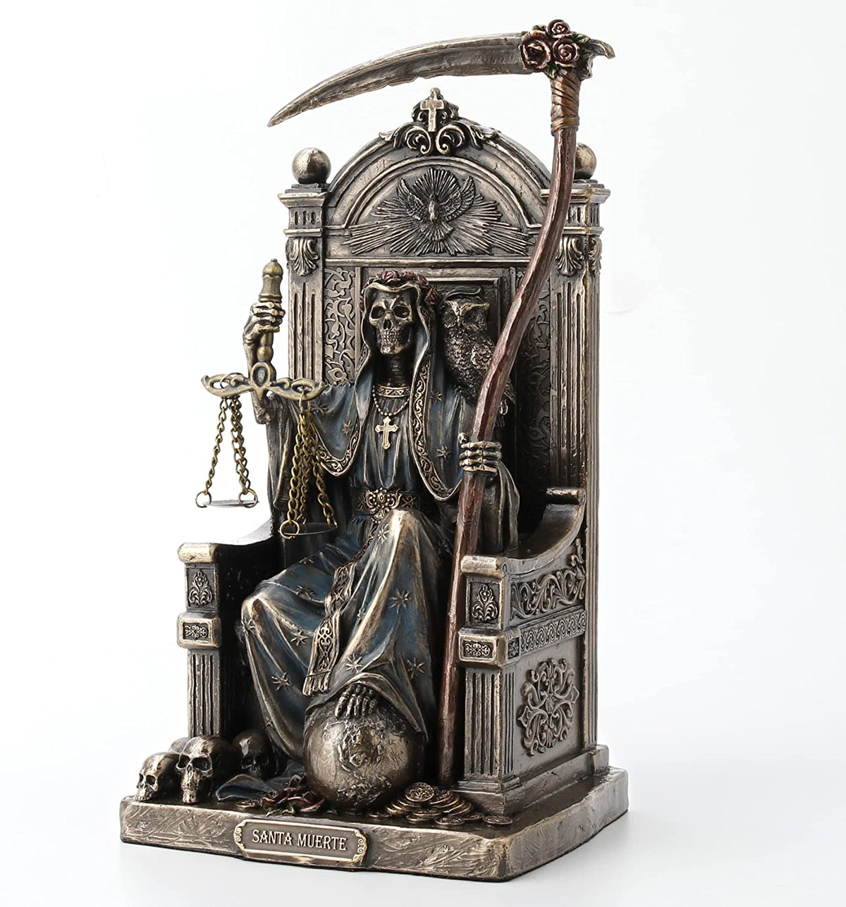 8 5" Santa Muerte Goddess of Death on Throne w Scythe Scale Bronze Finish Statue