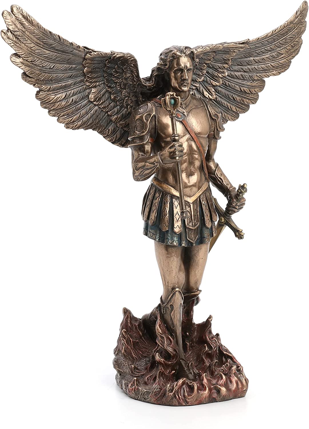 13" Saint Michael ARCHANGEL Wings Spread W/ Sword Statue Bronze Color Angel
