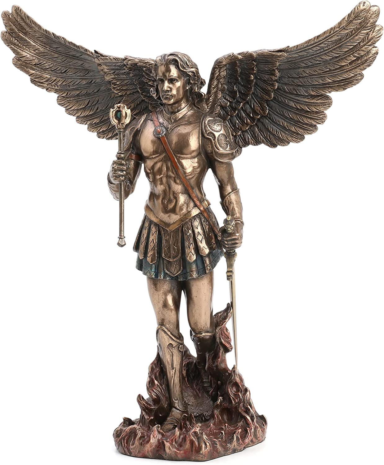 13" Saint Michael ARCHANGEL Wings Spread W/ Sword Statue Bronze Color Angel