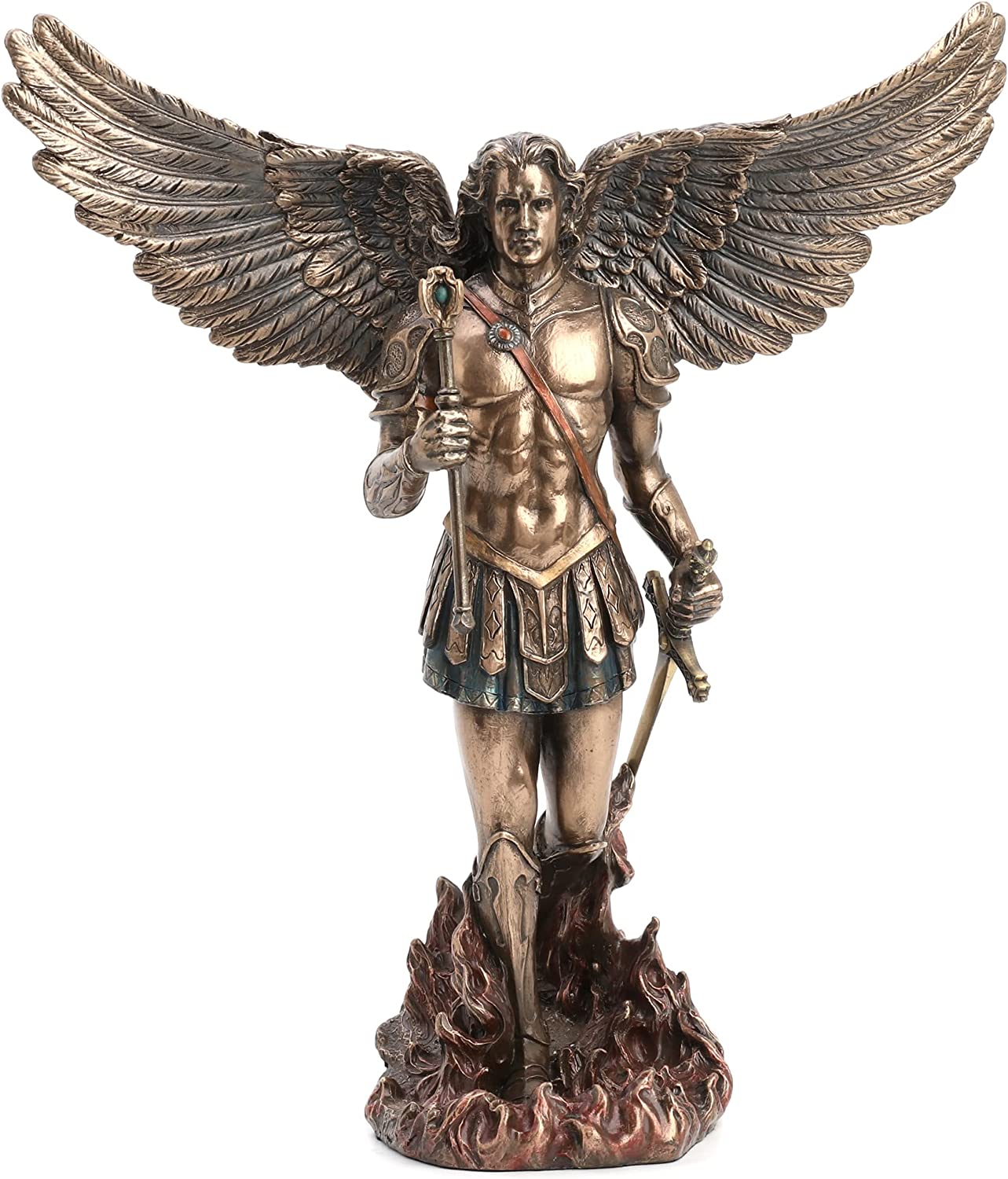 13" Saint Michael ARCHANGEL Wings Spread W/ Sword Statue Bronze Color Angel