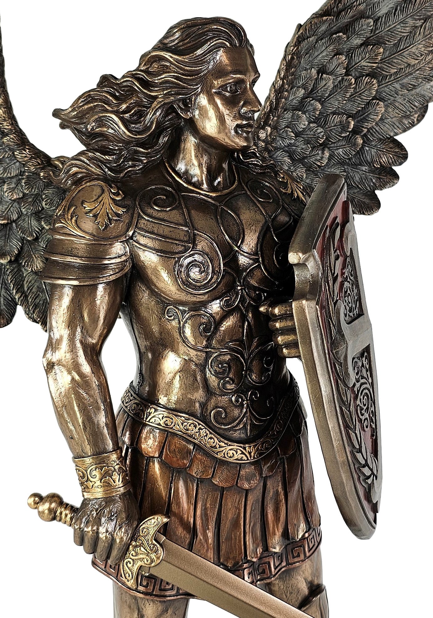 29" Saint Michael ARCHANGEL W Sword & Battle Shield Statue Bronze Finish Angel
