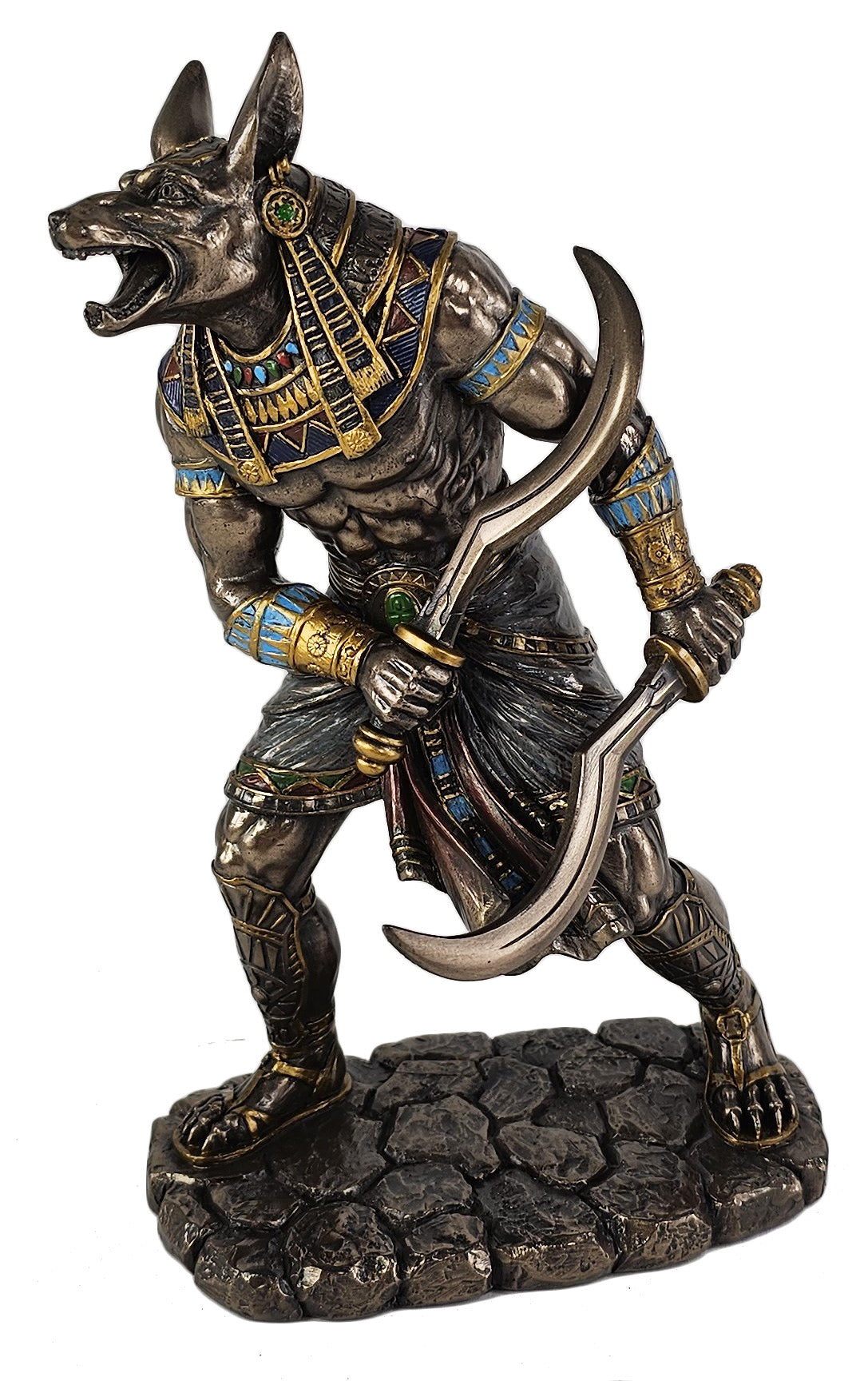 8.5" Egyptian Anubis Statue Wielding Dual Khopesh Swords Bronze Color