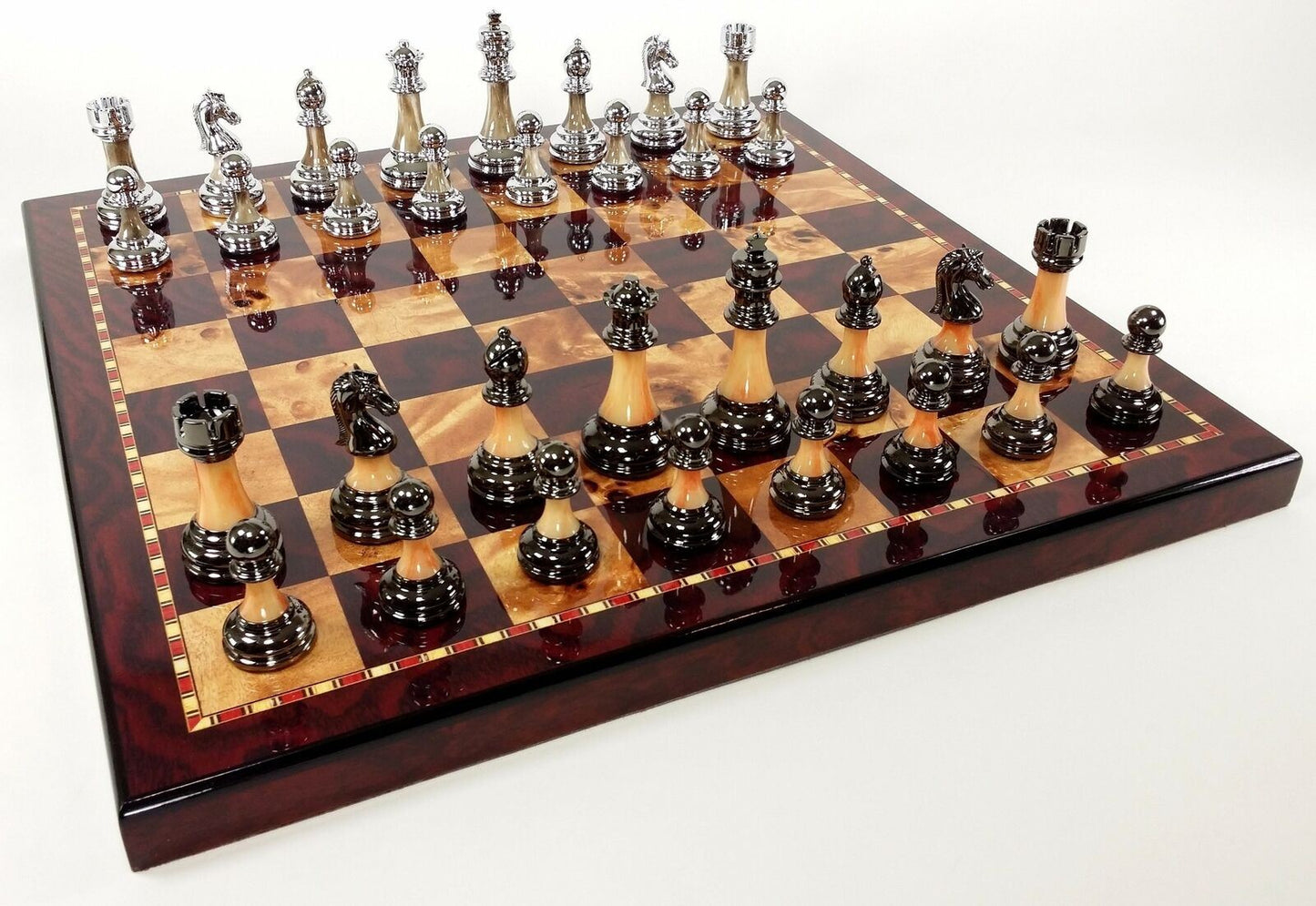Staunton Chrome & Black Pro Plastic Chess Men Set W 18" Gloss Cherry Color Board
