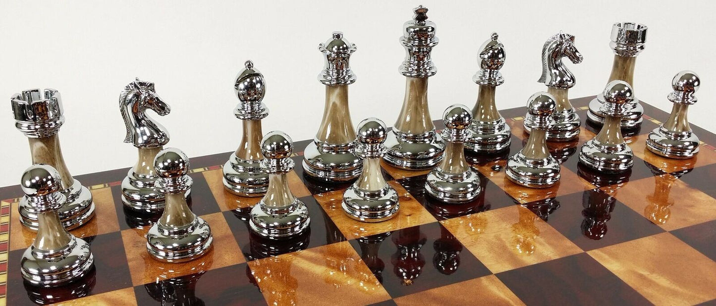Staunton Chrome & Black Pro Plastic Chess Men Set W 18" Gloss Cherry Color Board