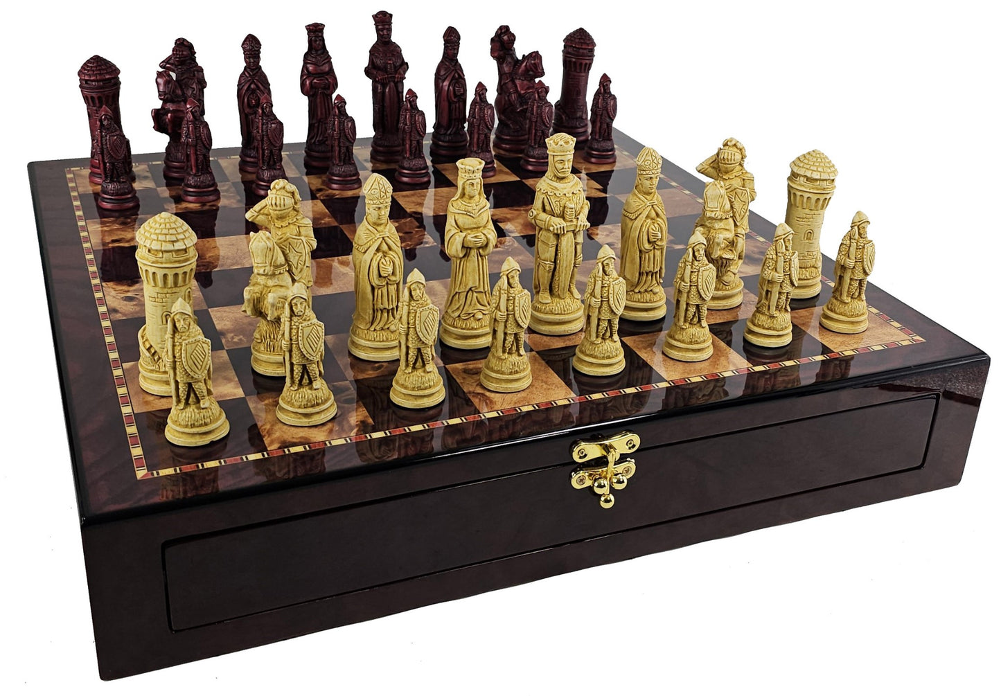 LARGE Medieval Times King Arthur Camelot Chess Set 20"Cherry Color Storage Board