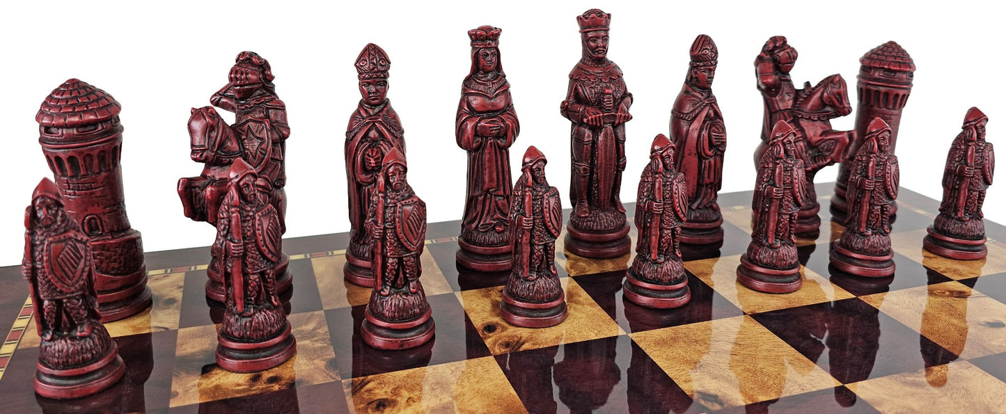 LARGE Medieval Times Red King Arthur Camelot Chess Set 18" Cherry Color Board