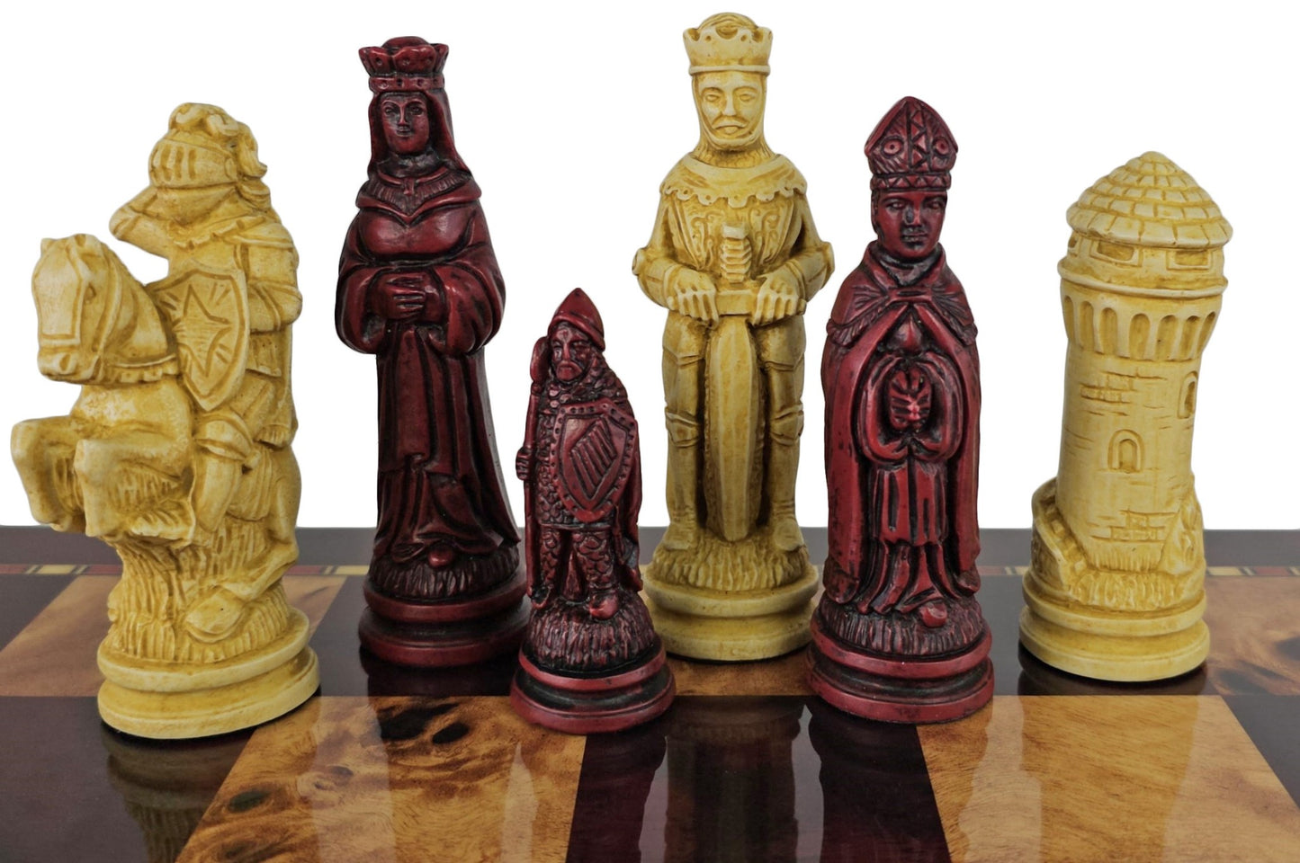 LARGE Medieval Times Red King Arthur Camelot Chess Set 18" Cherry Color Board