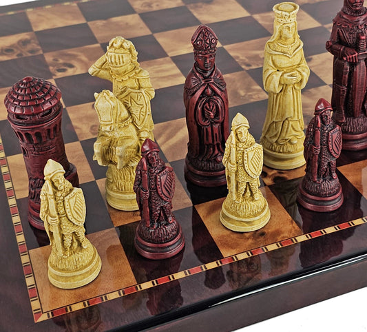 LARGE Medieval Times Red King Arthur Camelot Chess Set 18" Cherry Color Board