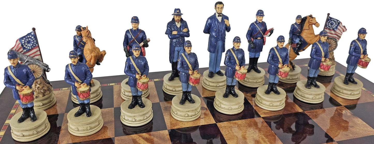 LARGE 4 1/2" KING US Civil War Generals Chess Set 20" Cherry Color Storage Board