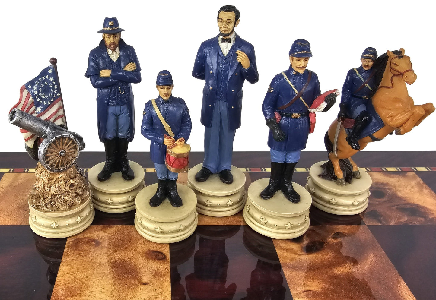LARGE 4 1/2" KING US Civil War Generals Chess Set 20" Cherry Color Storage Board
