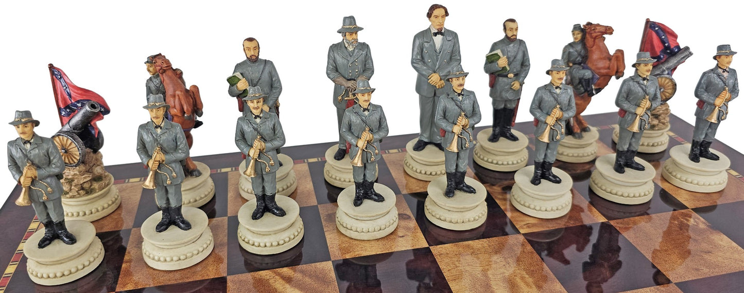 LARGE 4 1/2" KING US Civil War Generals Chess Set 20" Cherry Color Storage Board