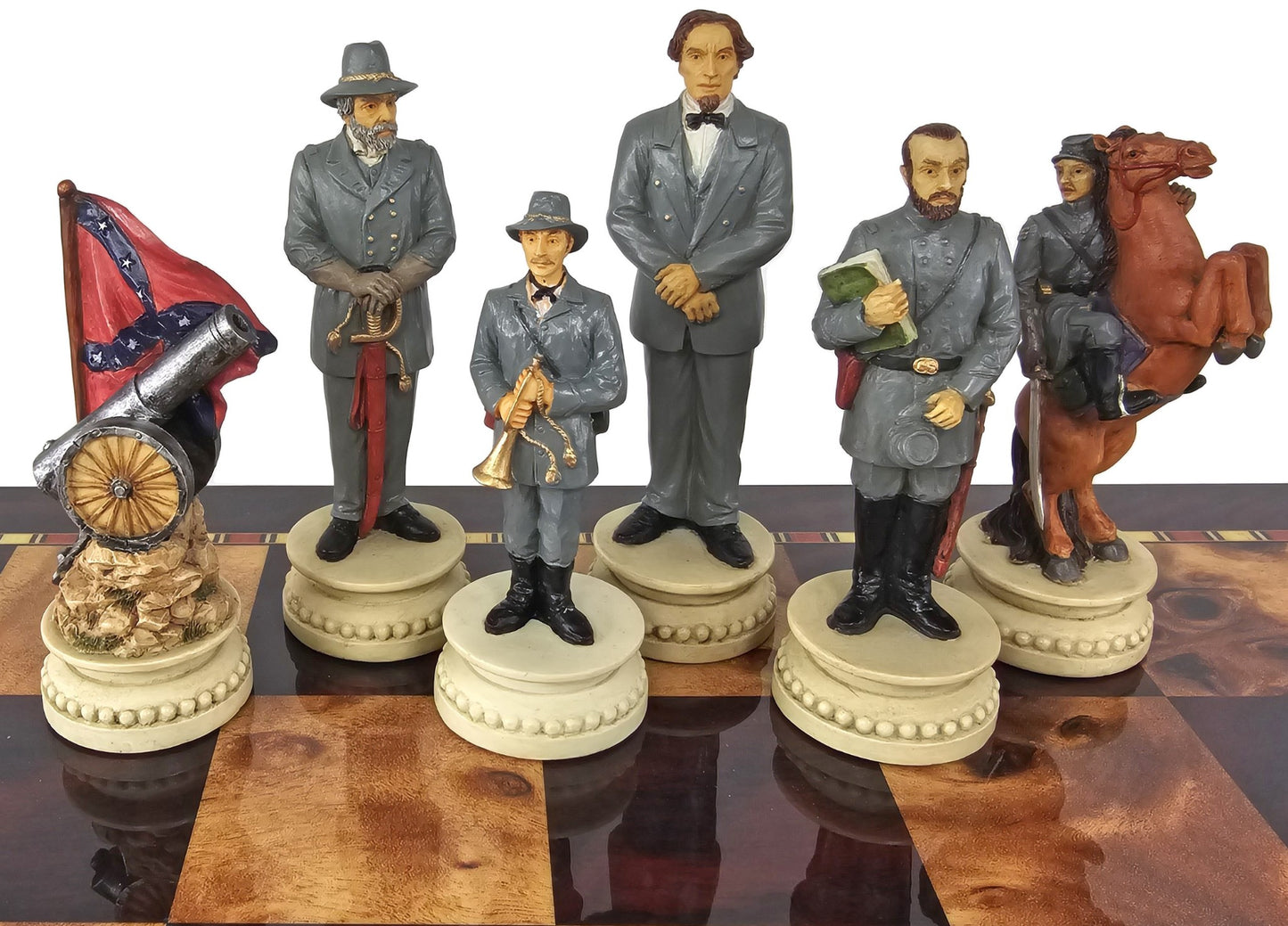 LARGE 4 1/2" KING US Civil War Generals Chess Set 20" Cherry Color Storage Board