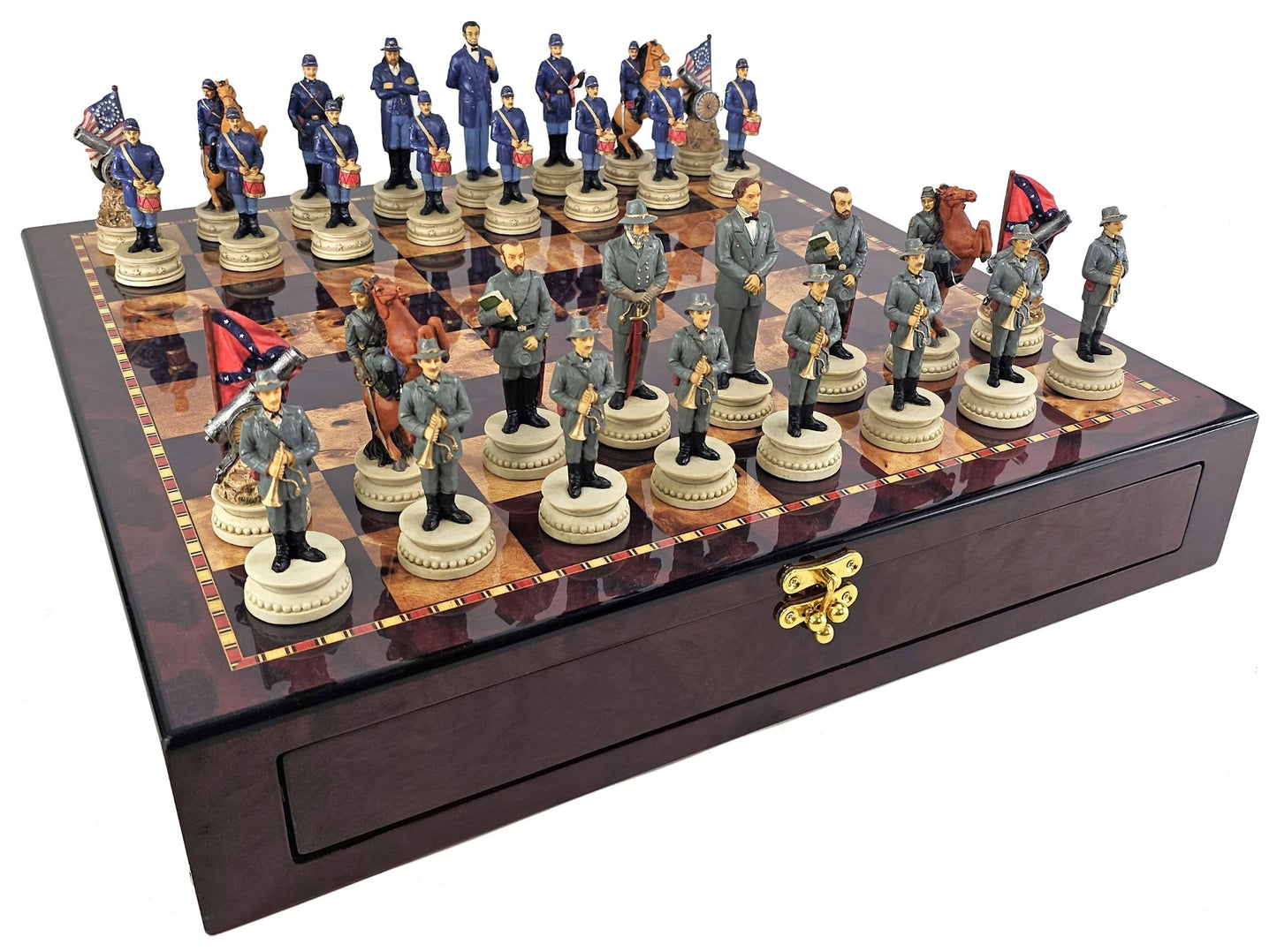 LARGE 4 1/2" KING US Civil War Generals Chess Set 20" Cherry Color Storage Board