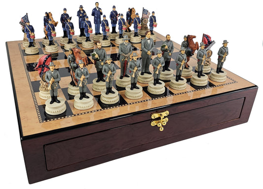 LARGE 4 1/2" KING US Civil War Generals Chess Set 20" Walnut Color Storage Board