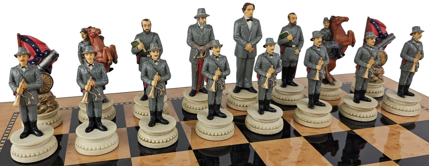 LARGE 4 1/2" KING US Civil War Generals Chess Set 20" Walnut Color Storage Board