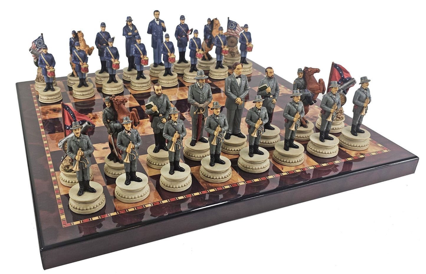 LARGE 4.5" King US Civil War General Queens Chess Set W 18" Cherry Color Board