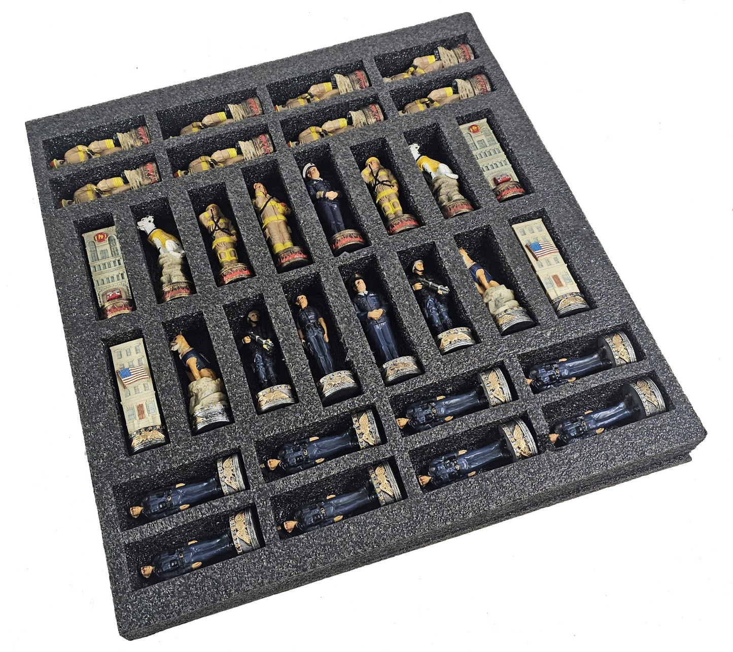 Police vs Firefighter First Responders Chess Men Set W/ 18" Cherry Color Board