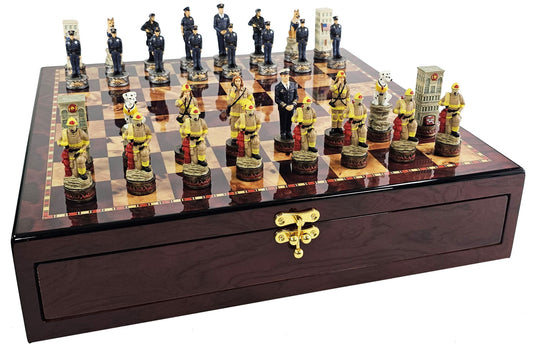 Police vs Firefighter First Responders Chess Men Set Cherry Color Storage Board