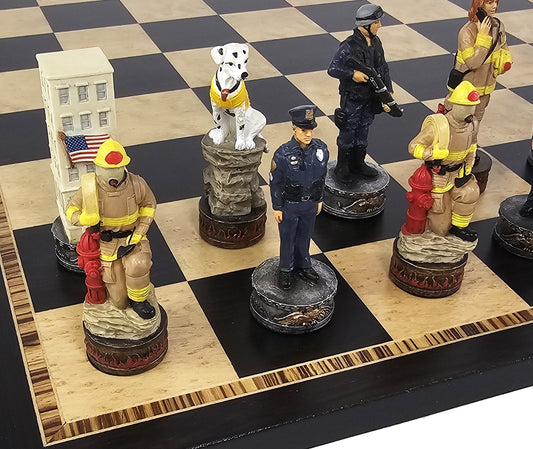 Police vs Firefighter First Responders  Chess Set Ebony & Maple Wood Board