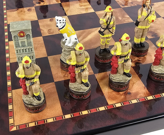 Police vs Firefighter First Responders Chess Men Set W/ 18" Cherry Color Board