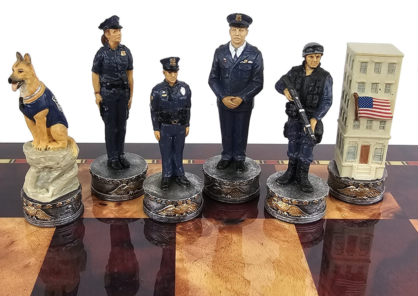 Police vs Firefighter First Responders Chess Men Set W/ 18" Cherry Color Board
