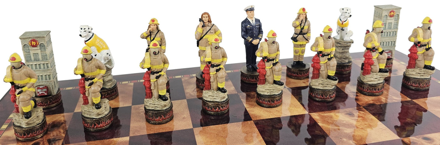 Police vs Firefighter First Responders Chess Men Set W/ 18" Cherry Color Board
