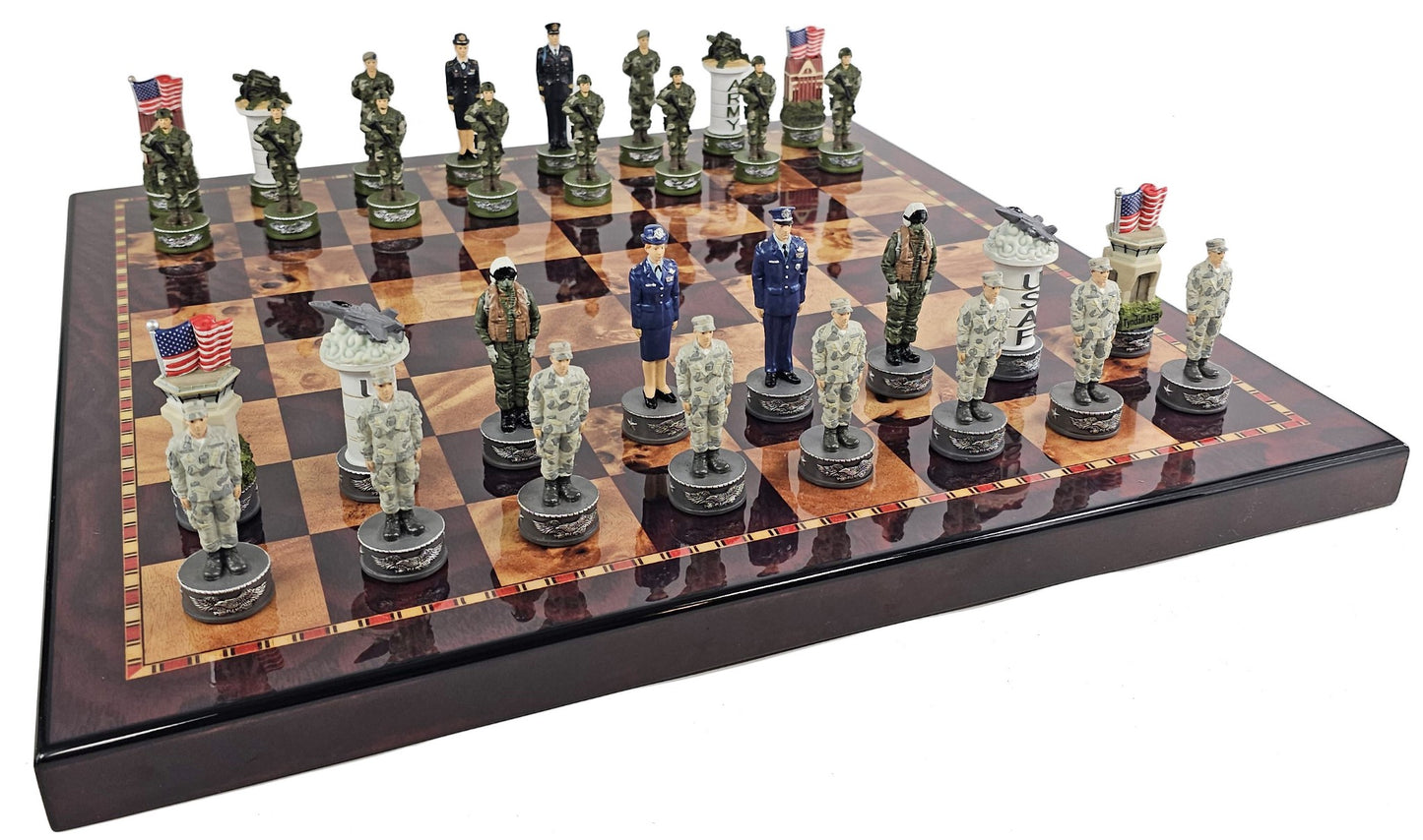 US Military Army vs Air Force Chess Men Set with 18" Cherry Color Board