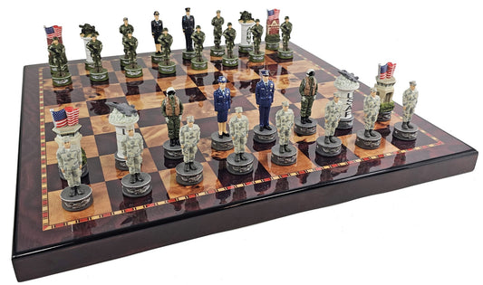 US Military Army vs Air Force Chess Men Set with 18" Cherry Color Board