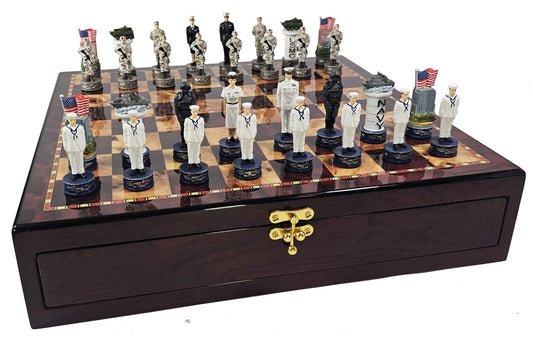 US Military Navy vs Marines Chess Men Set With Cherry Color Storage Board