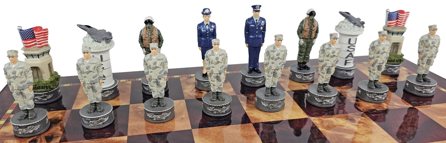 US Military Army vs Air Force Chess Men Set with 18" Cherry Color Board