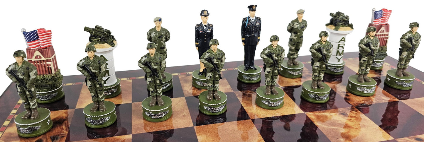 US Military Army vs Air Force Chess Men Set with 18" Cherry Color Board
