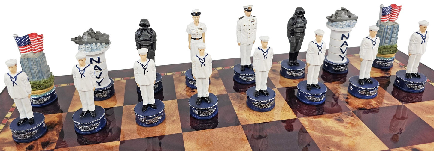 US Military Navy vs Marines Chess Men Set With Cherry Color Storage Board