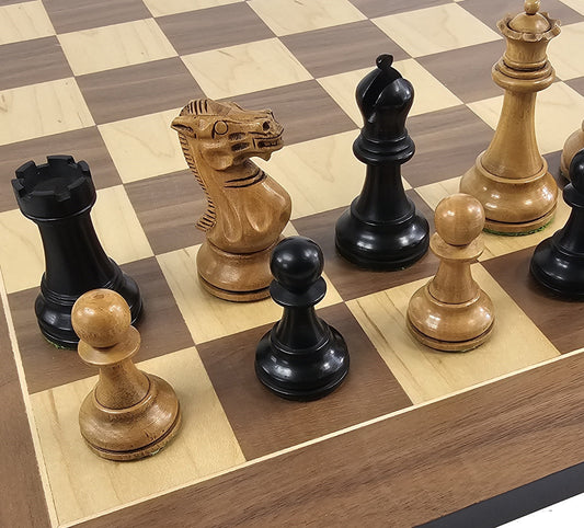 4 QNS Black / Antiqued 3 3/4" Anderssen Staunton Wood Chess Set 19" Walnut Board