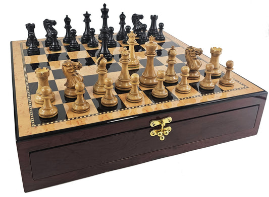 Black / Antiqued 3 3/4 Anderssen Staunton Wood Chess Set Walnut Color Storage Bd