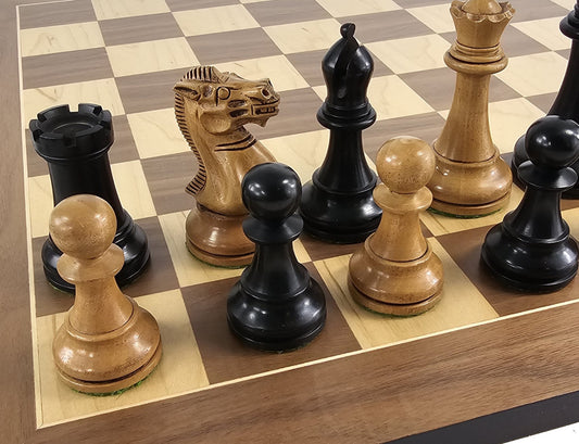 Large Black / Antiqued 4 5/8" Anderssen Staunton Wood Chess Set W/ Walnut Board