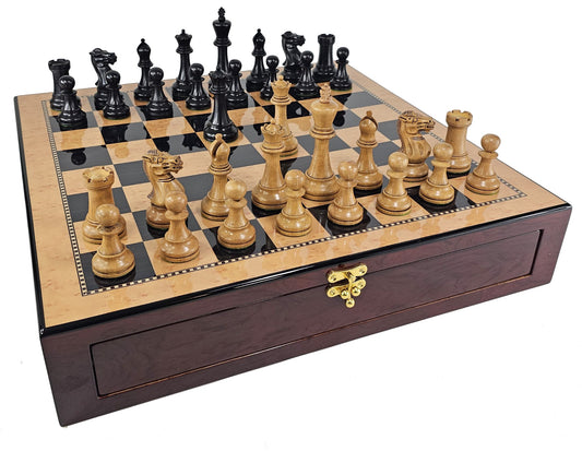 Large Black /Distressed Ceska 2Tone Staunton Wood Chess Set Walnut Color Storage