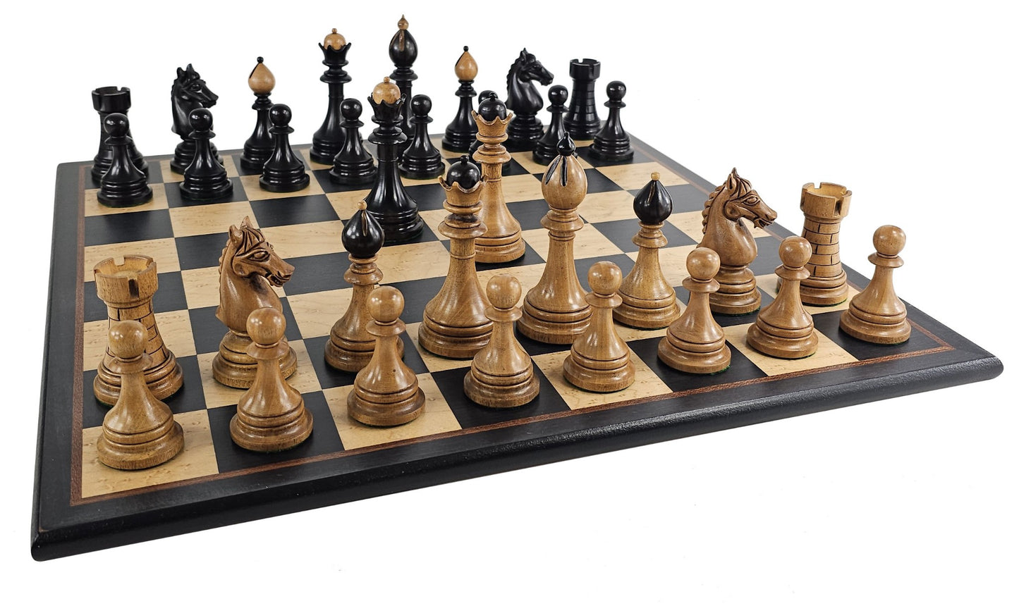 Black / Antiqued 4 1/8" Kg Ceska 2tone Staunton Chess Set w/ 17 1/4" Ebony Board