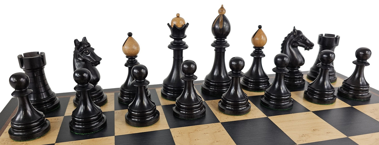 Black / Antiqued 4 1/8" Kg Ceska 2tone Staunton Chess Set w/ 17 1/4" Ebony Board