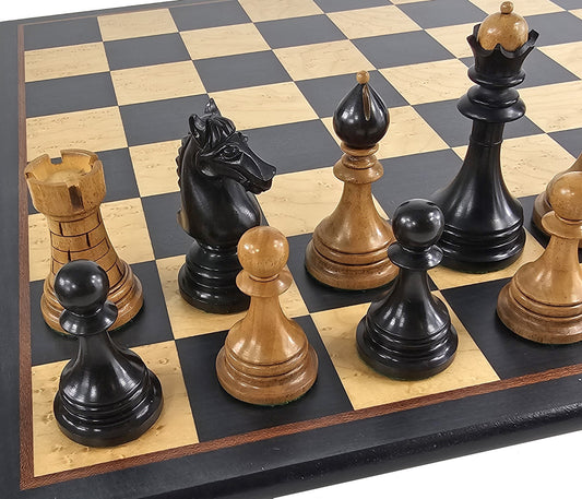 Black / Antiqued 4 1/8" Kg Ceska 2tone Staunton Chess Set w/ 17 1/4" Ebony Board