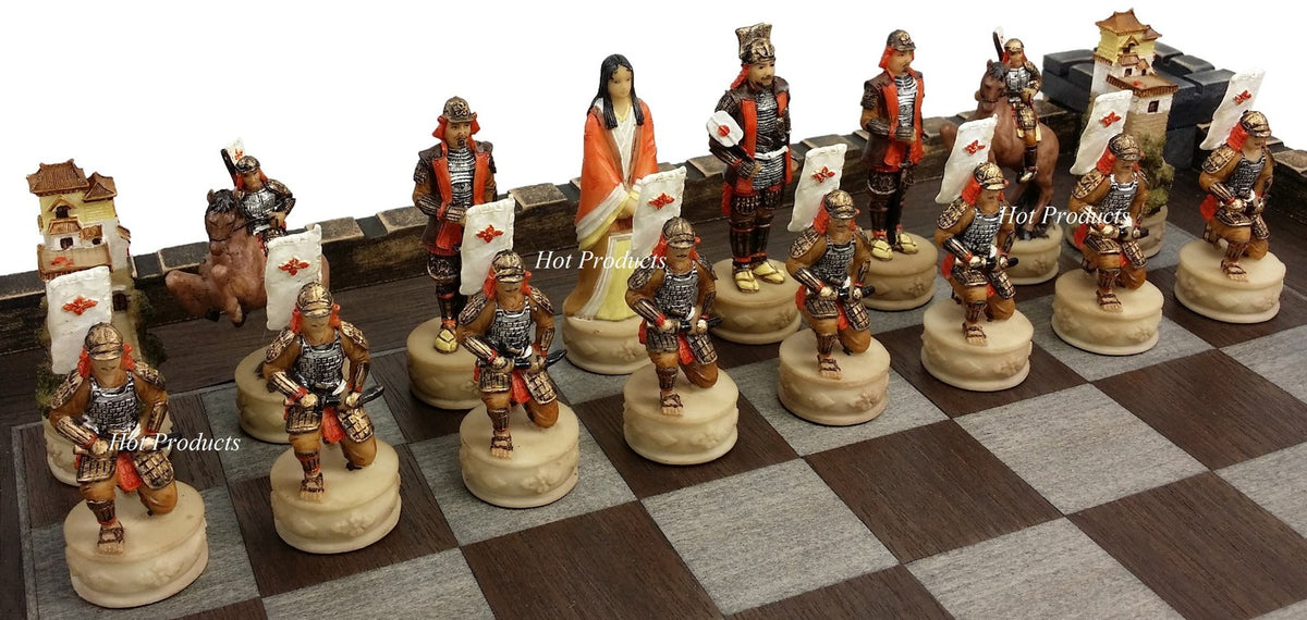 Japanese Samurai Warrior Oriental Chess Men Set with 17" Castle Fortress Board