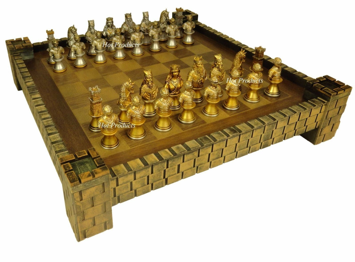 Medieval Times Crusades Busts Gold & Silver Knights Chess Men Set W Castle Board