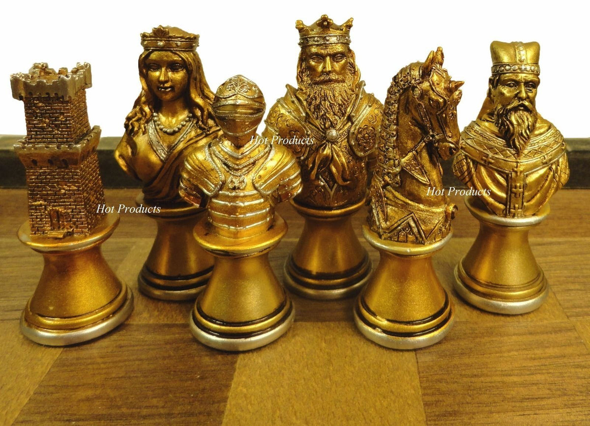 Medieval Times Crusades Busts Gold & Silver Knights Chess Men Set W Castle Board