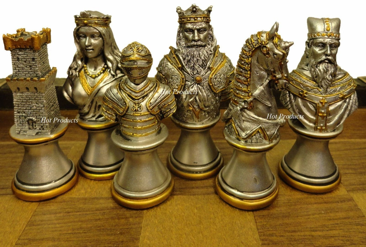 Medieval Times Crusades Busts Gold & Silver Knights Chess Men Set W Castle Board